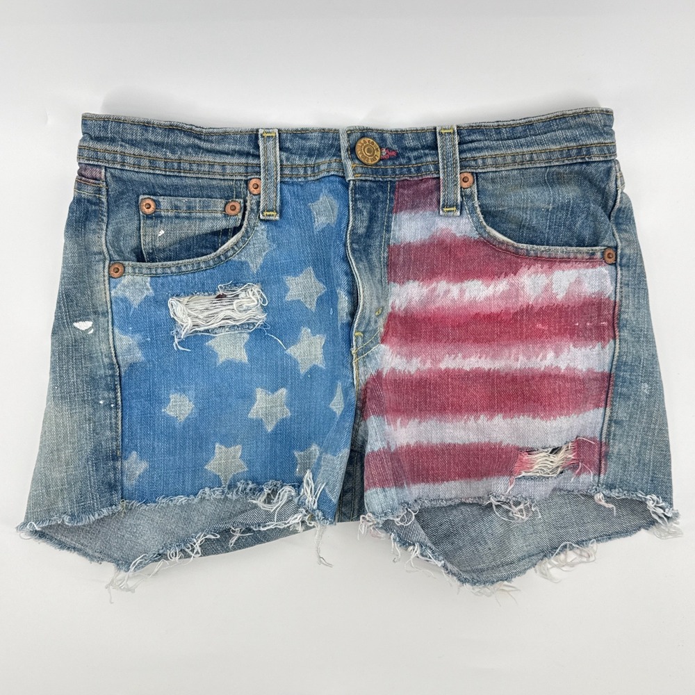 Levis 518 Superlow Americana Flag Cutoff Denim Shorts Women 9 Distressed Stars